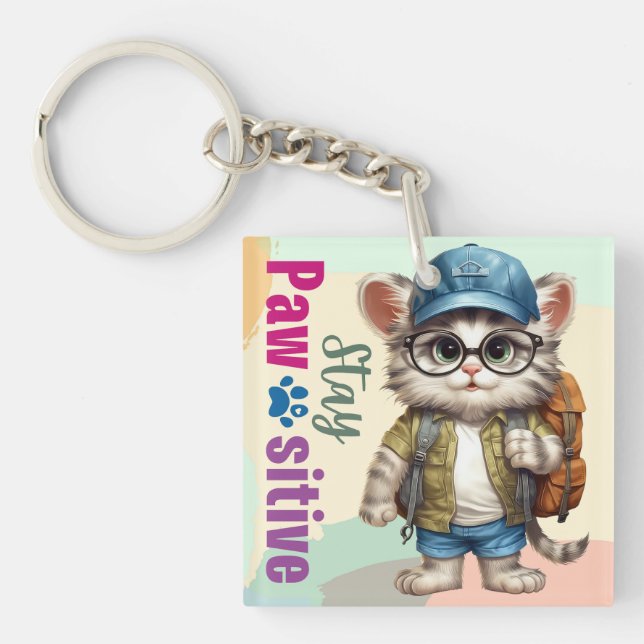 Stay Pawsitive Cat Wearing Backpack Key Ring (Front)