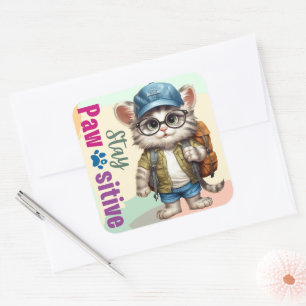Stay Pawsitive Cat Wearing Backpack Square Sticker