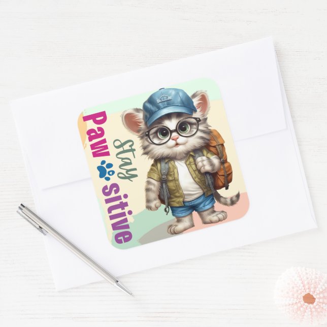 Stay Pawsitive Cat Wearing Backpack Square Sticker (Envelope)