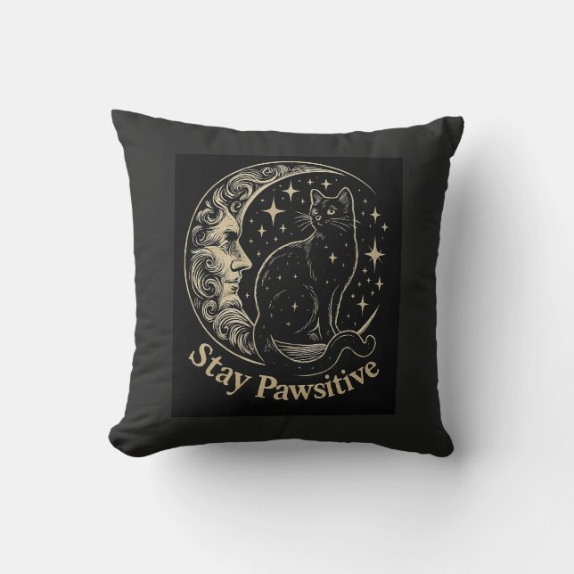 Stay Pawsitive – Celestial Cat & Moon Pillow (Front)