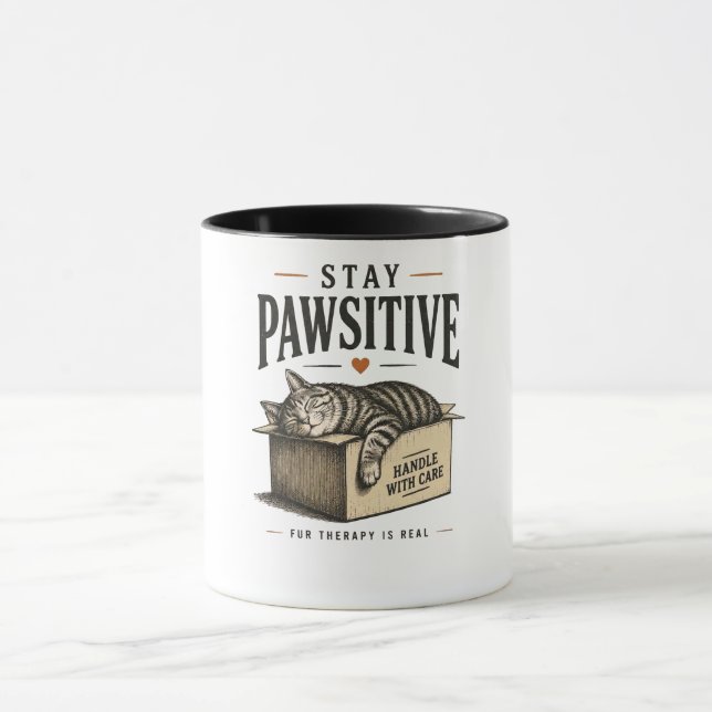 Stay Pawsitive Cute Cat Illustration Mug (Center)