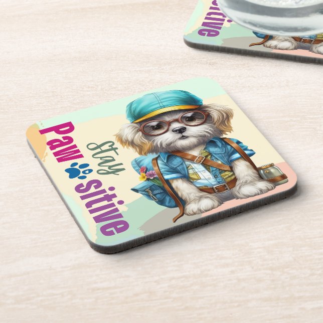 Stay Pawsitive Cute Dog Wearing Backpack Coaster (Left Side)