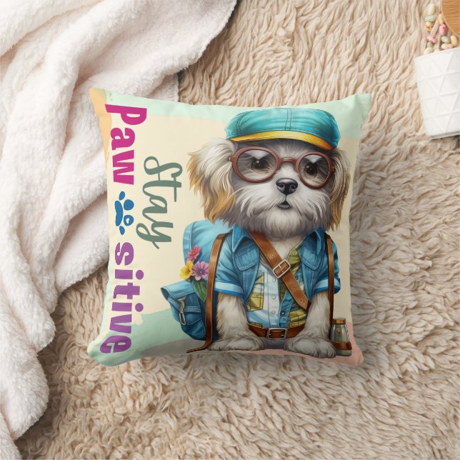 Stay Pawsitive Cute Dog Wearing Backpack Cushion (Blanket)