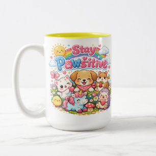 Stay Pawsitive Cute Kawaii Animals Rainbow Two-Tone Coffee Mug