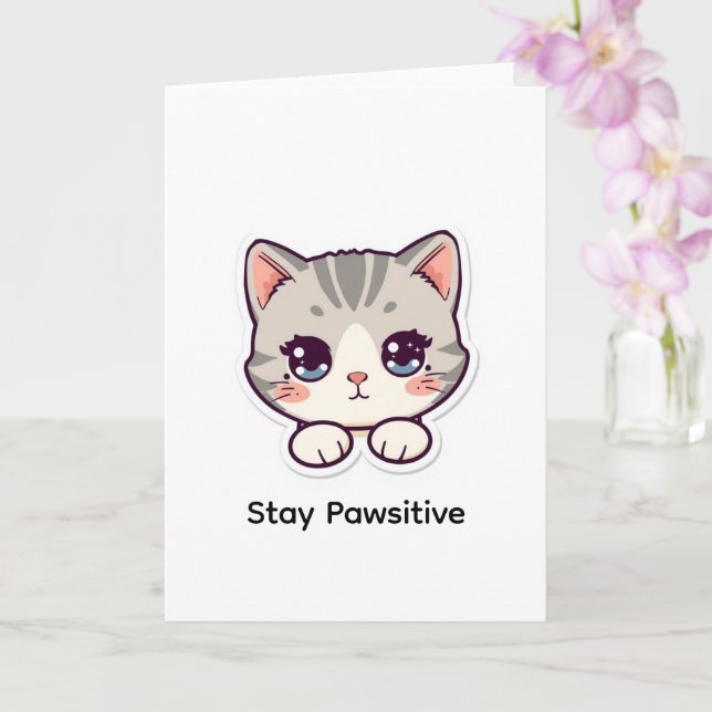 Stay Pawsitive | Cute Kawaii Cat Personalised  Card (Orchid)