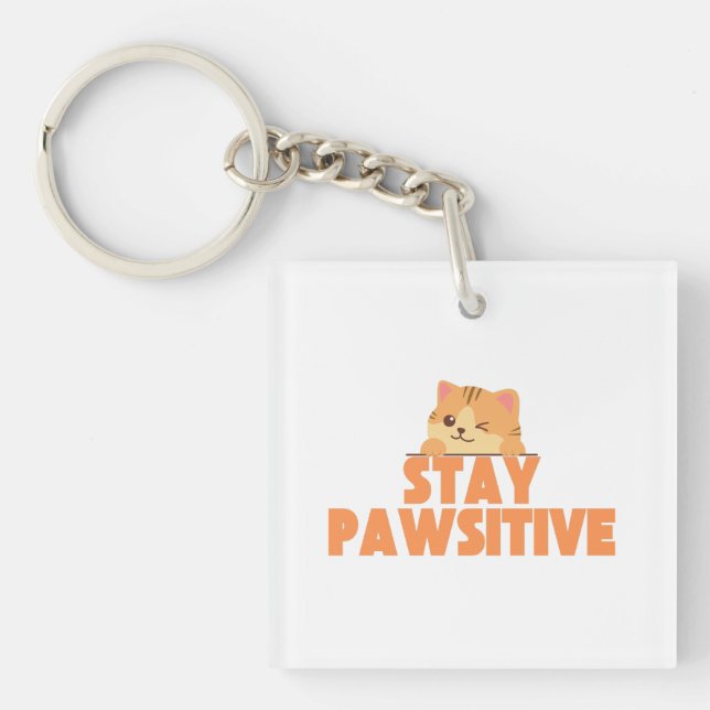 Stay Pawsitive Cute Winking Cat Pun Design Key Ring (Front)
