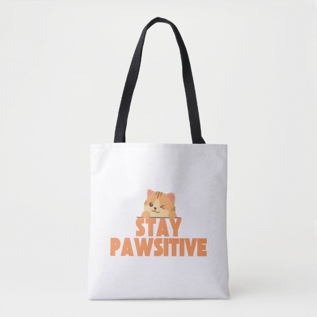 Stay Pawsitive Cute Winking Cat Pun Design Tote Bag (Front)