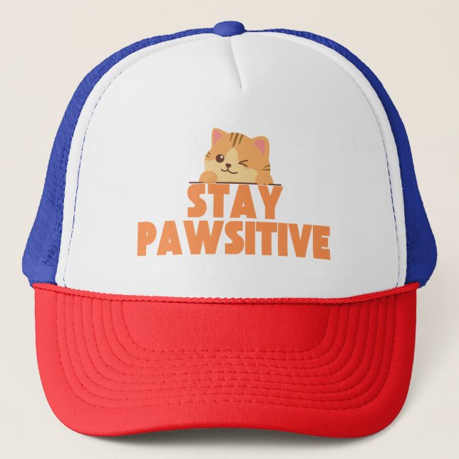 Stay Pawsitive Cute Winking Cat Pun Design Trucker Hat (Front)