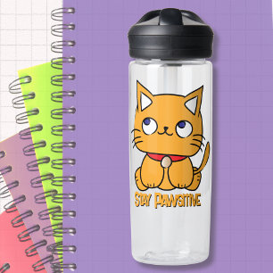 Stay Pawsitive Funny Cat Cartoon Cute Fun Water Bottle