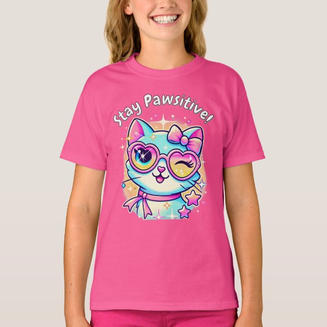 🐱✨ Stay Pawsitive – The Cutest Cat Tee for Girls! (Front)