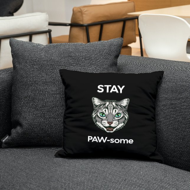 Stay Pawsome pun black cat Cushion (Creator Uploaded)