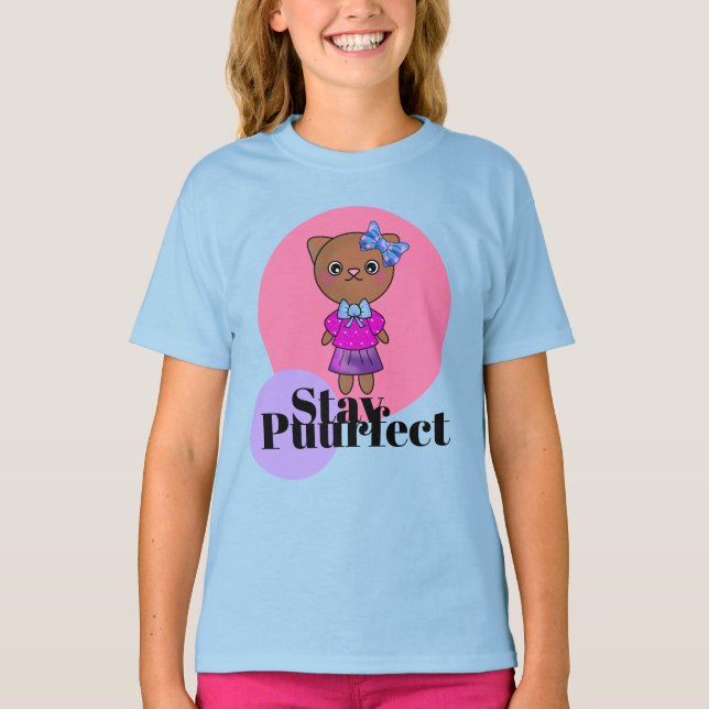 Stay Perfect Cute Kitty Cat with Pretty Bow T-Shirt (Front)