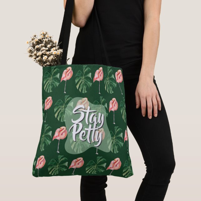 Stay Petty Custom Tropical Flamingo Monstera Leaf  Tote Bag (Close Up)