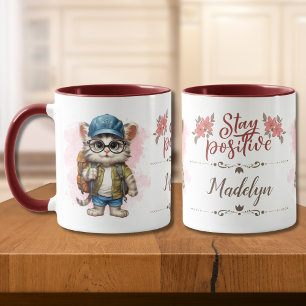 Stay Positive Cat Wearing Backpack Personalised Mug