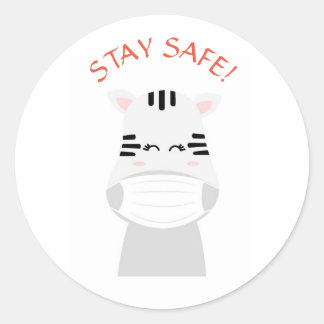 STAY SAFE CUTE ZEBRA WEARING MASK Round Sticker