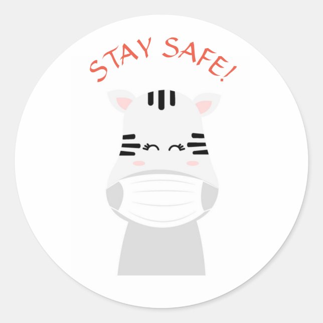 STAY SAFE CUTE ZEBRA WEARING MASK Round Sticker (Front)