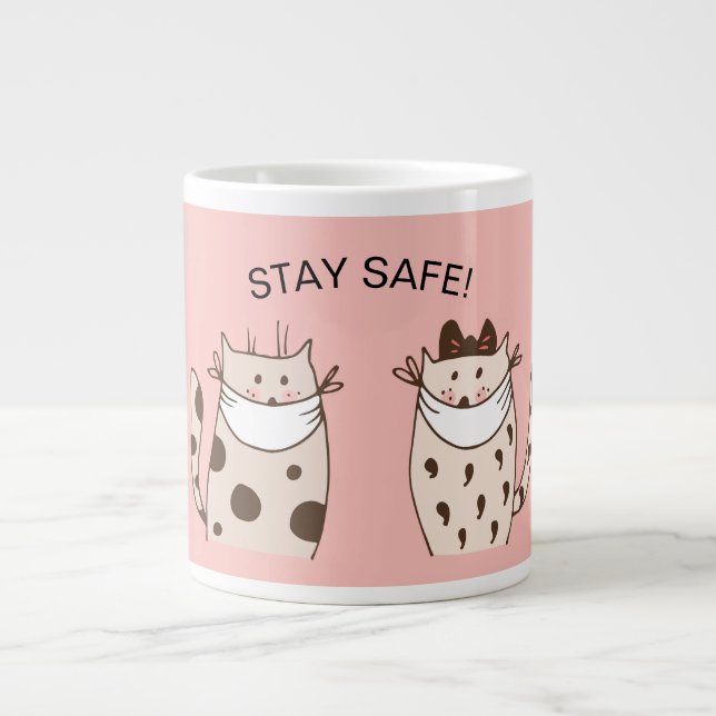 STAY SAFE! FUN CATS WEARING MASKS PINK Mug (Front)