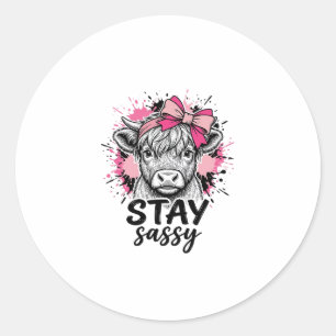 Stay Sassy Pink Highland Cow Vintage Engraving Shi Classic Round Sticker