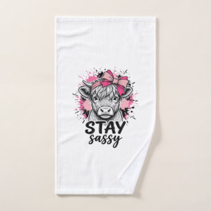 Stay Sassy Pink Highland Cow Vintage Engraving Shi Hand Towel