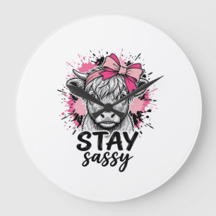 Stay Sassy Pink Highland Cow Vintage Engraving Shi Large Clock