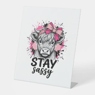 Stay Sassy Pink Highland Cow Vintage Engraving Shi Pedestal Sign