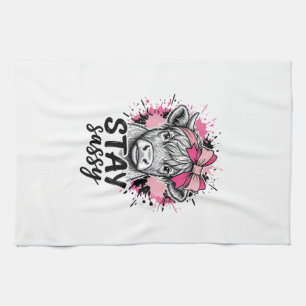 Stay Sassy Pink Highland Cow Vintage Engraving Shi Tea Towel