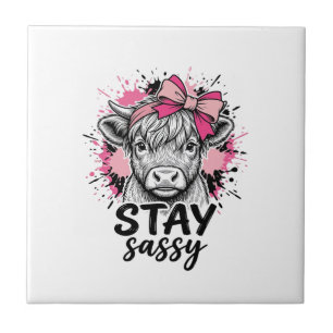 Stay Sassy Pink Highland Cow Vintage Engraving Shi Tile