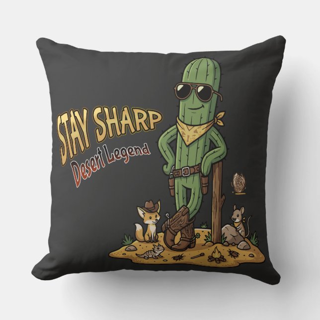 Stay Sharp Desert Legend Cowboy Cactus Illustratio Cushion (Front)