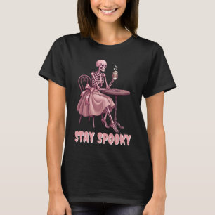 Stay Spooky Coquette Coffee Pink Skeleton Girl  T-Shirt