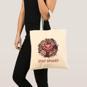 Stay Spooky Floral Pink Jack-O'-Lantern Wreath Tote Bag