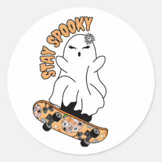 "Stay Spooky" Ghost on a Skateboard – Cool Orange Classic Round Sticker