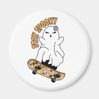 "Stay Spooky" Ghost on a Skateboard – Cool Orange Magnet