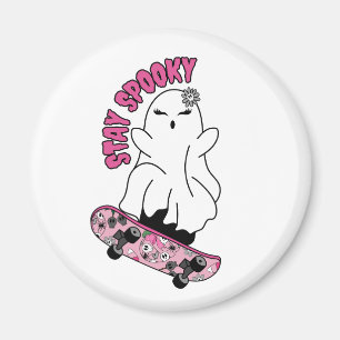 "Stay Spooky" Ghost on a Skateboard – Cool Pink Magnet
