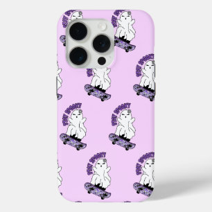 "Stay Spooky" Ghost on a Skateboard – Cool Purple iPhone 15 Pro Case