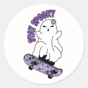 "Stay Spooky" Ghost on a Skateboard – Cool Purple Classic Round Sticker
