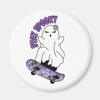 "Stay Spooky" Ghost on a Skateboard – Cool Purple Magnet