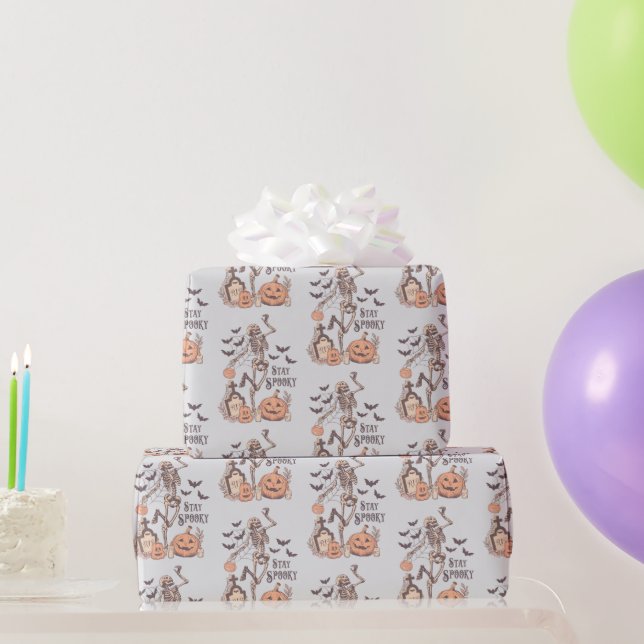 Stay Spooky Graveyard Skeleton Grey Halloween Wrapping Paper (Party Gifts)