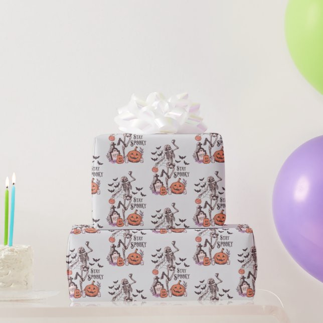 Stay Spooky Graveyard Skeleton Grey Halloween Wrapping Paper (Party Gifts)