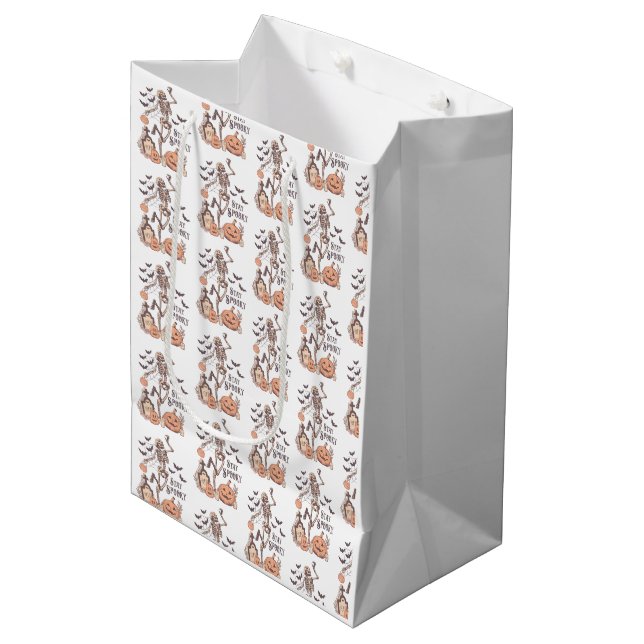 Stay Spooky Graveyard Skeleton White Halloween Medium Gift Bag (Front Angled)