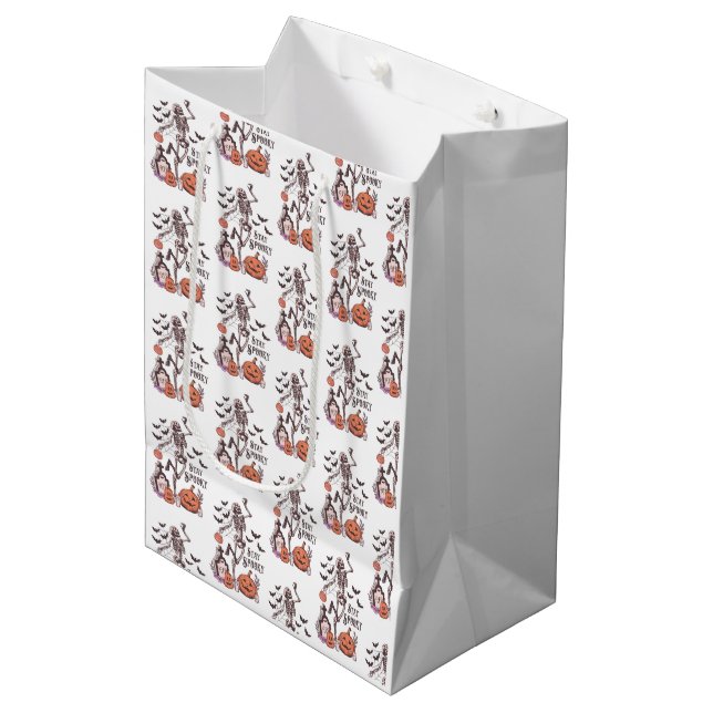 Stay Spooky Graveyard Skeleton White Halloween Medium Gift Bag (Front Angled)