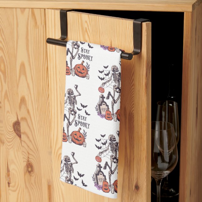 Stay Spooky Graveyard Skeleton White Halloween Tea Towel (Thirds Fold)
