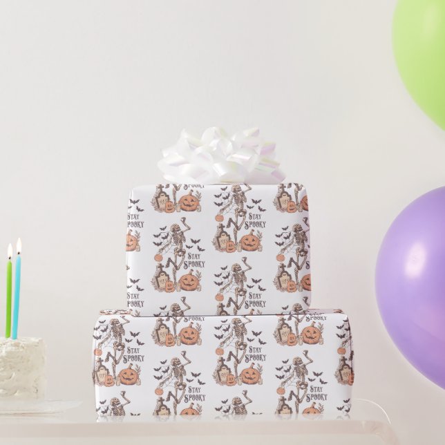 Stay Spooky Graveyard Skeleton White Halloween Wrapping Paper (Party Gifts)