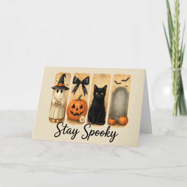 "Stay Spooky" Halloween Brush Stroke Cat Greeting Card (Front)