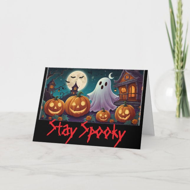 Stay Spooky, Halloween Ghosts and Pumpkins Card (Front)