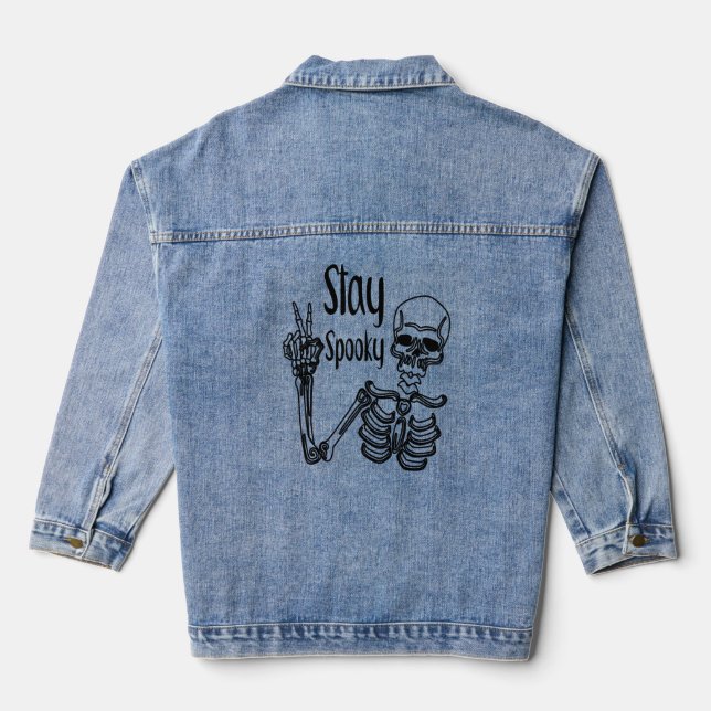 Stay Spooky Skeleton Peace Sign Hand Men Women  Denim Jacket (Back)