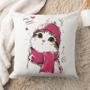 Stay Warm Cute Cat with Winter Beanie & Scarf Cushion
