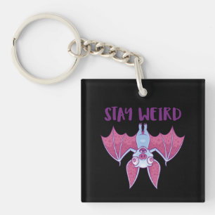 Stay Weird Quirky Albino Vampire Bat Cartoon Key Ring