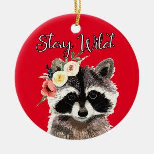 Stay Wild - Cute Racoon Wearing Flower Crown Ceramic Tree Decoration