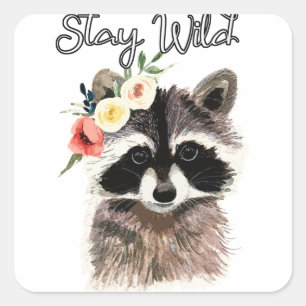 Stay Wild - Cute Racoon Wearing Flower Crown Square Sticker