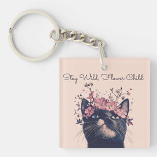 Stay Wild, Flower Child Cat Floral Boho Key Ring